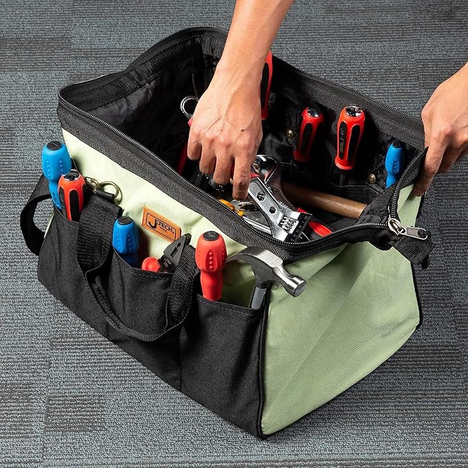 Jetech 18-Inch Heavy-Duty Electrician Tool Bag, Waterproof Top Wide Mouth Tools Storage Bag with Adjustable Shoulder Strap MultiPurpose Organizer Bag for Construction Gardening Man