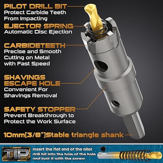 DAIMIT 19Pcs TCT Hole Saw Kit, 1/2"-2-1/8" Heavy-Duty Tungsten Carbide Hole Saws Kit for Metal, Stainless Steel, Iron, Wood, Plastic, with 3*Detachable Pilot Drill Bits and 3*L-Wrench