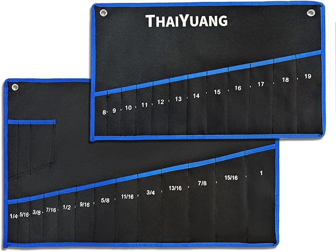 2-Pieces Tool Bag Durable Oxford Canvas Wrench Set Roll Pouches, Multi-Purpose Roll Up Tool Bag with Strap 12pockets metric+13pockets SAE (Not Including Tools)
