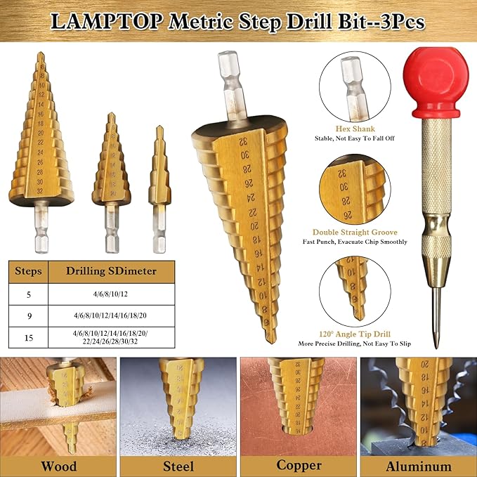LAMPTOP 47 Pcs Woodworking Tools and Accessories, Including Countersink Drill Bit Set, Wood Plug Cutter, Step Drill Bit, Saw Blades, Drill Stop Bit Set, Long Twist Drill Bit, L-Wrench, Center Punch