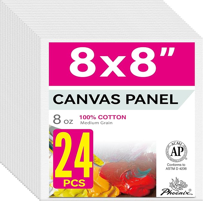 PHOENIX Painting Canvas Panels 8x8 Inch, 24 Bulk Pack - 8 Oz Triple Primed 100% by PHOENIX