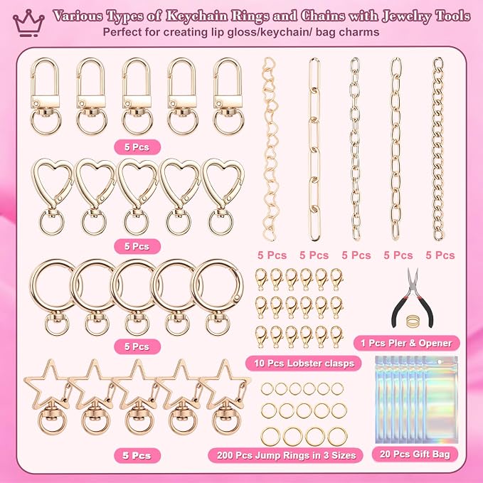 Modacraft 475 Pcs Gold Charms Lip Gloss Keychain Making Kit - Image 3