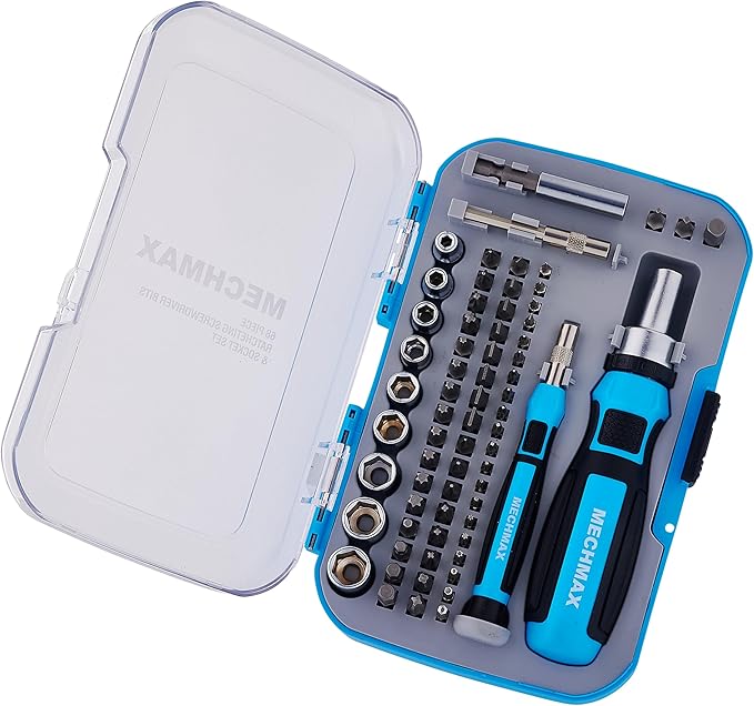 68 Piece MECHMAX Magnetic Ratchet Screwdriver Set, Socket and Interchangeable Bits Slotted, Phillips, Star, Precision Bits with Case for Home, Office, Car, Automotive, Ring Doorbell and as A Gift