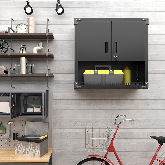 Garage Wall Cabinet Metal Storage Cabinet with Lock Wall Mounted Heavy Duty Steel Tool Cabinet with Door and Shelf Hanging Cabinet for Garage Warehouse Bathroom Kitchen,Assembly Required