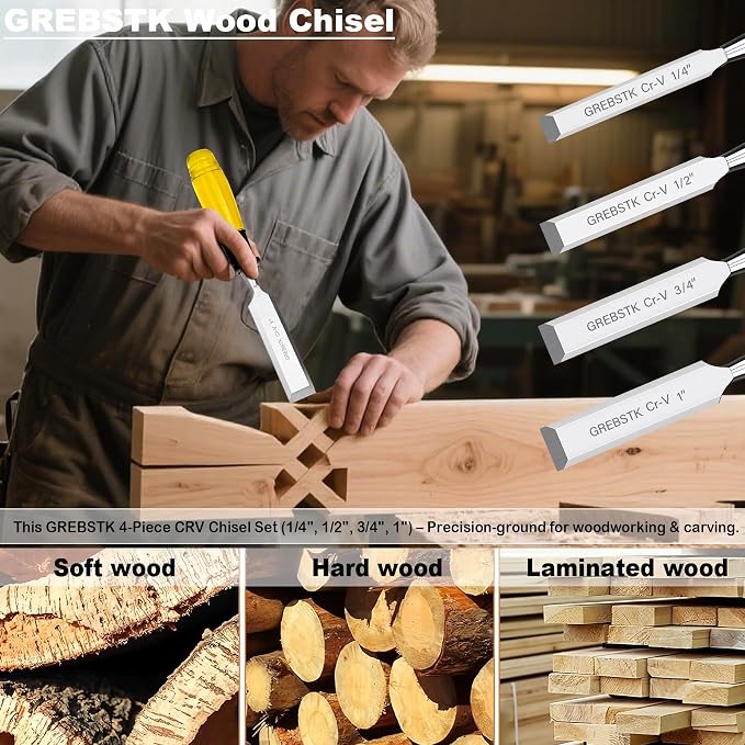 GREBSTK 4-Piece Ultra-Sharp Wood Chisel Set, CR-V Steel Beveled Blades - Image 5