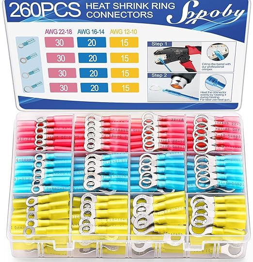 260PCS Heat Shrink Ring Terminals, Sopoby Marine Grade Ring Connectors Tinned Red Copper 16-14 22-18 12-10 Gauge(3 Colors/4 Sizes), #10,1/4",5/16",3/8" Insulated Ring Crimp Terminals