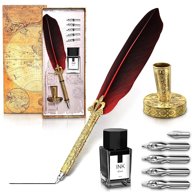 Red Feather Quill Pen and Ink Set by Lagarto