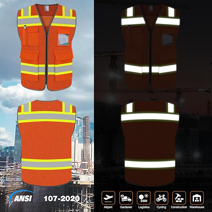 TCCFCCT High Visibility Vest 5 Pockets Mesh Reflective Safety Vest for Men Women, Hi Vis Work Vest with Reinforced Zipper and Fluorescent Orange Edge, Durable to Use, Meets ANSI/ISEA, DW-Orange, 2XL