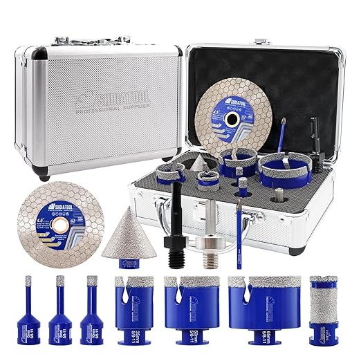 SHDIATOOL Diamond Tile Drill Bits Kit 12pcs, Porcelain Hole Saw Sets, Core Bits Cutter for Drilling Ceramic Marble Granite (6/8/10/35/50/65/25MM/2/HEX/SDSPLUS/4.5"/6MM)