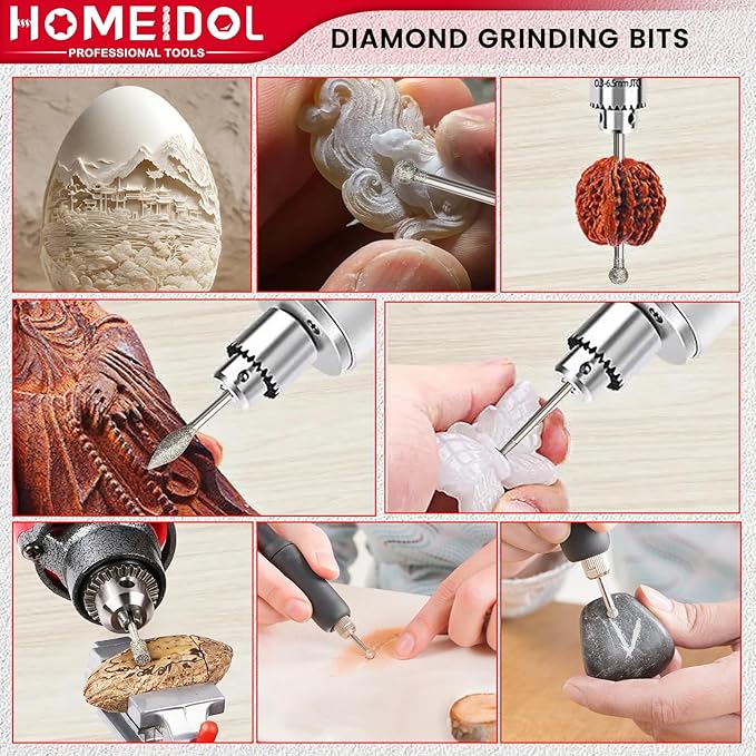 20PCS Stone Carving Set Diamond Burr Bits, HOMEIDOL Diamond Grinding Bits Suitable for Dremel, Polishing Kits Rotary Tools Accessories with 1/8" Shank for Carving, Engraving, Grinding, Stone, Glass