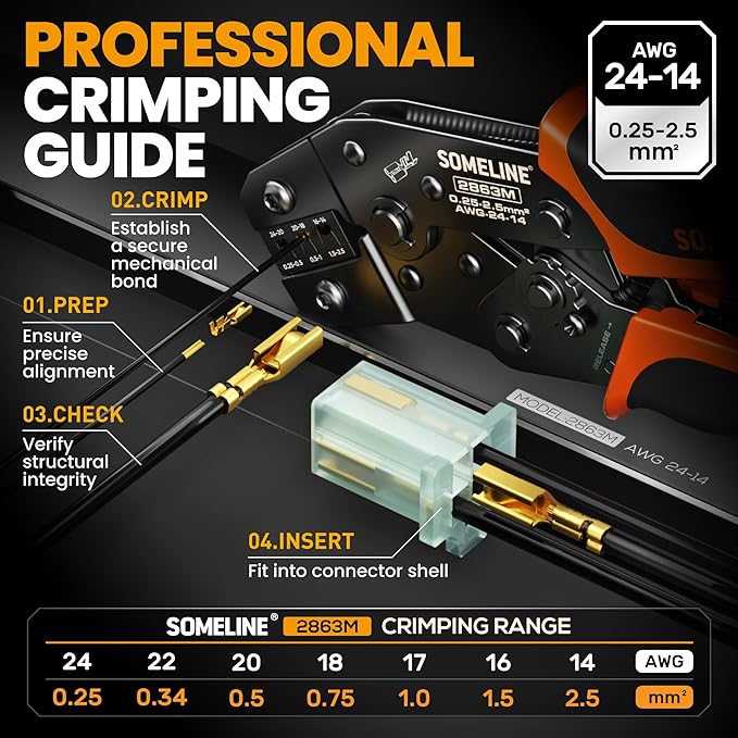 SOMELINE Automotive Wire Connectors Crimp Tool Kit, Crimper for 24-14 AWG Non-Insulated Quick Disconnect Terminals, with 2-6 Pin 2.8mm Plugs & Sockets