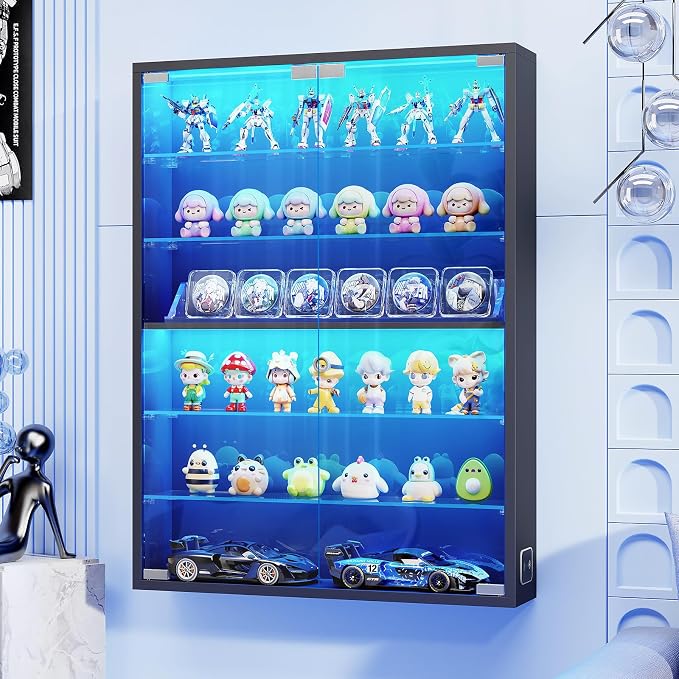 6-Tier Wall Display Case with Glass Doors, LED Sports Card Display Case with by AauroHome