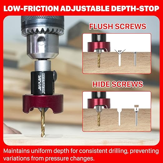 KEENTECH Carbide Tipped 82° Countersink Drill Bit with Depth Stop, 3/8" Dia x 1/8" Drill Diameter x 1/4" Shank, Adjustable Depth Stop with Ball Bearing for High Fine Finish on Softwood and Hardwood