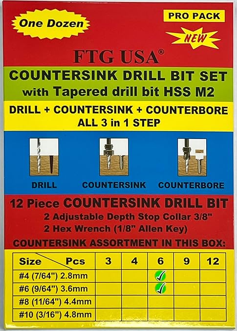 FTG USA Countersink Drill Bit Set for Wood with Tapered Drill Bit 6 Pc #4 (7/64"), 6 Pc #6 (9/64")