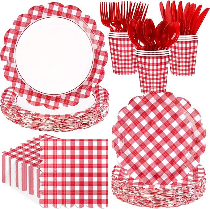 168 Pcs Red Gingham Checkered Party Supplies Scalloped Red and White Checkered by Greencian