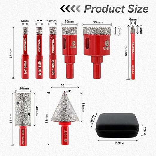 Diamond Core Drill Bit Set - 8pcs (6/8/10/20/35mm+20mm Finger Milling Bit+35mm Beveling Chamfer Bit+6mm Carbide Drill Bit) Diamond Hole Saw Kit for Porcelain Ceramic Tile Marble Granite