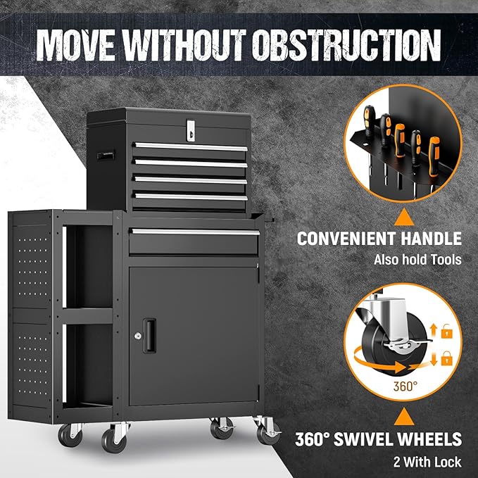 5 Drawers Rolling Tool Chest, Tool Box Detachable Top Metal Tool with Locking System, Protective Mat & Tool Rack, Garage Storage Cart with Side Cabinet, Tool Box for Garage
