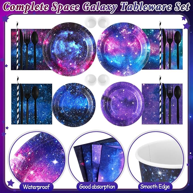 450 Pcs Space Galaxy Tableware Set Decorations, Starry Sky Paper Plates Napkins - Image 3