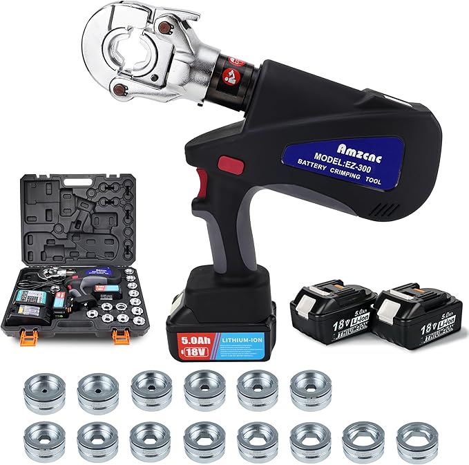AMZCNC Electric Hydraulic Cable Lug Crimping Pliers 6 Ton Electric Hydraulic Crimping Tool Rechargeable Hydraulic Crimping Tool with 14 hexagon Dies (8AWG-600 kcmil）for Cu Terminals