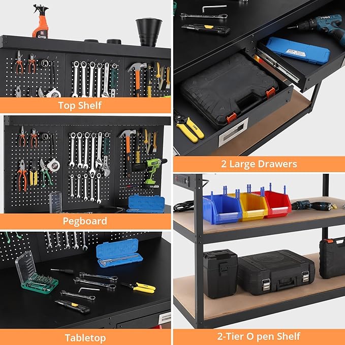 Work Bench 48" Adjustable Height,3-Tier Heavy-Duty Portable Workbench with Power Outlets and Drawer for Garage & Workshop, 880 LBS Load Capacity, Work Table for Office, Home, Easy Assembly