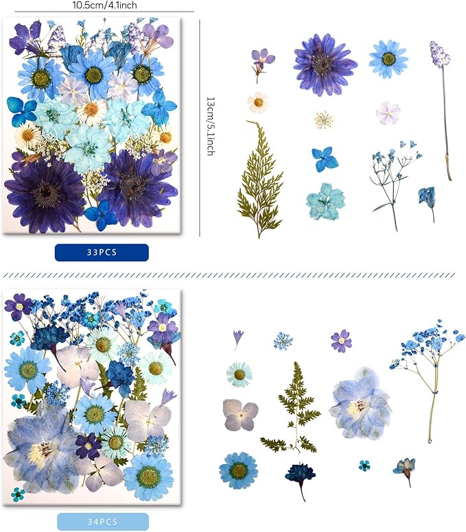 100 PCS Blue Pressed Dried Flowers and Leaves - Image 2