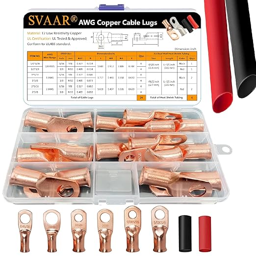 SVAAR 0 Gauge 1 Gauge 2 Gauge Copper Wire Lugs with 5/16" and 3/8" Stud Ring Terminals Battery Copper Cable Lugs Battery Terminal Connectors Heavy Duty Crimp Battery Cable Ends + Heat Shrink Tube