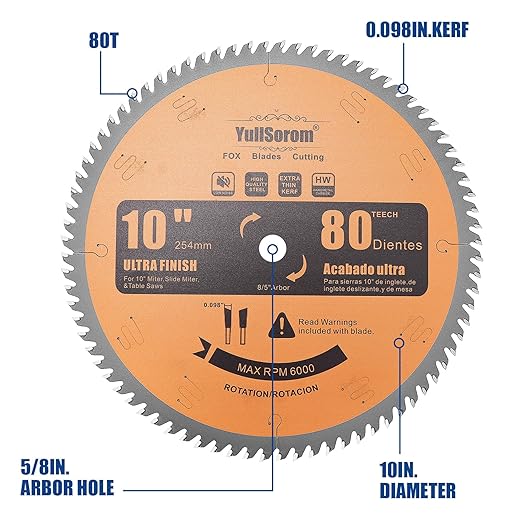 10" Miter/Table Saw Blade, 80 Teeth ATB Tungsten Carbide Saw Blades with 5/8" Arbor for Wood, Aluminum, PVC Pipe and Plastic Cutting