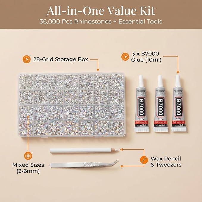 36000Pcs White AB Rhinestones for Bedazzling, Iridescent Mixed Sized 2-6mm - Image 2
