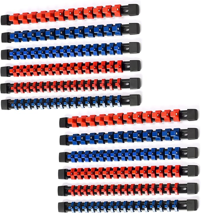ALOANES 12 PC ABS Socket Organizer,1/2 inch, 3/8 inch, and 1/4 inch Drive Socket Rail Holders, Heavy Duty Socket Racks, Black Rails with Red and Blue Clips
