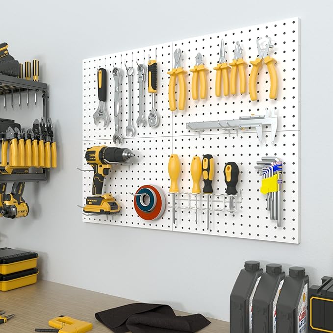 Peg Board, 4 Pack Metal Pegboard Panels White Pegboards Wall Organizer with Bent Frame Heavy Duty Peg Board for Walls Home, Garage Tool Storage, Office Organization, Craft Room, Kitchen