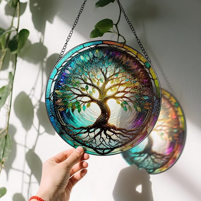 Stained Glass Window Hanging, LAOWEIKI 8'' Tree of Life Suncatcher, Stained - Image 3
