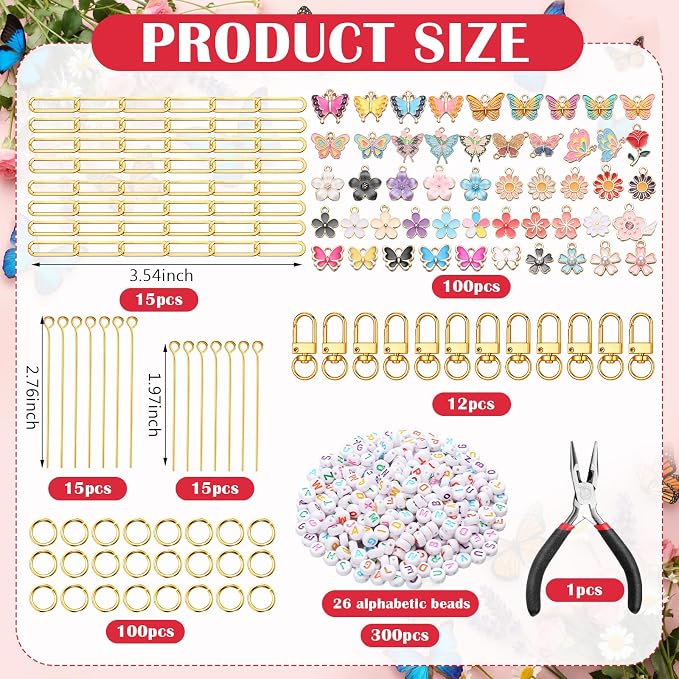 CraftyDream 558 Pcs Flower Keychain Making Kit DIY Butterfly Floral Bag Charm - Image 3
