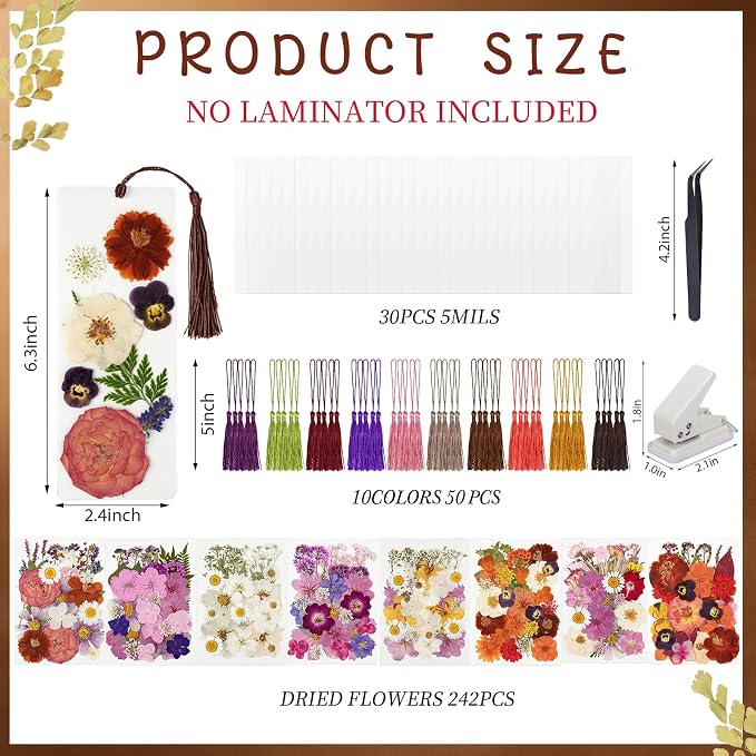 344 Pcs Pressed Flower Bookmark Making Kit | 50 Laminating Pouches - Image 2