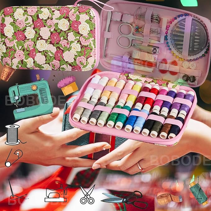 Rose Floral Sewing Kit with 130 PCS Sewing Supplies Accessory, PU Zipper Sewing - Image 7