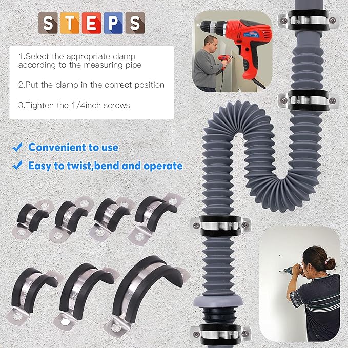 Glarks 16Pcs 20MM 2 Hole U-Tube Strap Clamp Set - 304 Stainless Steel Rubber Cushion Rigid Pipe Strap U Bracket Assortment Kit for Fixing (20mm)