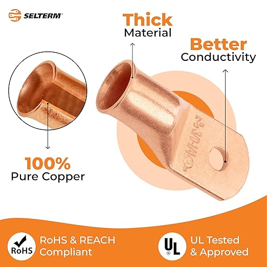 SELTERM 10pcs 3/0 AWG - 1/4" Stud - Battery Lugs, Heavy Duty Wire Lugs, Ring Terminals, Battery Cable Ends,000 Gauge Terminals, UL Bare Copper Eyelets Electrical Battery Terminal Connectors