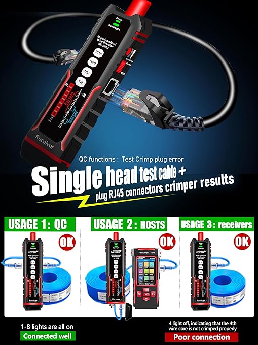 NF-859GK Network Cable Tester with lP Tester,VFL 10mwVisual Fault Locator,PING/POE/RJ45 RJ11 TDR CAT5CAT6 Cable Toner Ethernet Tester for Phone LinesCAT3,Wire Tracer LAN Network Tool
