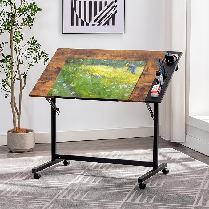 VECELO Vintage Drawing Drafting Table, Adjustable Tilting Top Art Desk Craft - Image 2