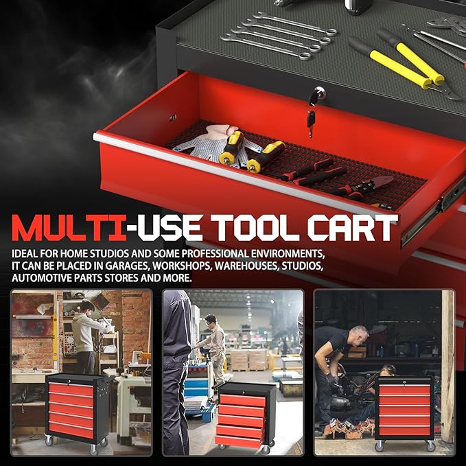 5-Drawer Rolling Tool Boxes,Metal Rolling Tool Chest with Wheels and Locking Tool Chest,Portable Metal Tool Box for Warehouse,Garage, Repair Shop, Workshop (Blackred, 5-Drawer)