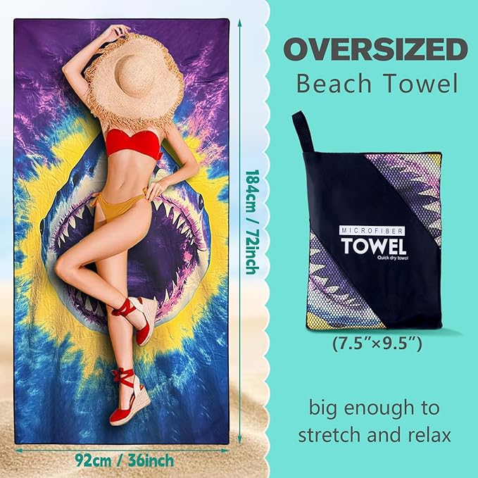 Tie Dye Shark Beach Towel Oversized 36" x 72", Thin Lightweight Sand Free Quick Dry Microfiber Towel for Swimming Pool Cruise Camping Travel