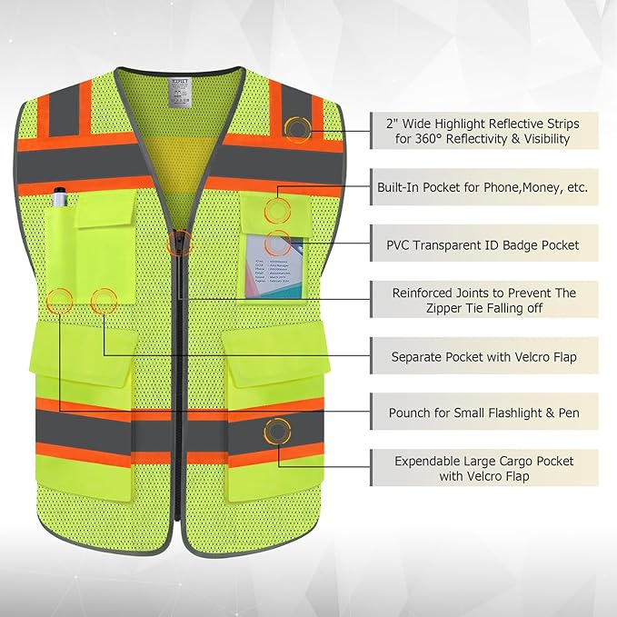 TCCFCCT Reflective Vest 5 Pockets Mesh Safety Vest with Reinforced Zipper, High Visibility Surveyor Work Vest for Men Women with Fluorescent Orange Edge, Durable to Use, Meets ANSI/ISEA,DW-Yellow, 4XL