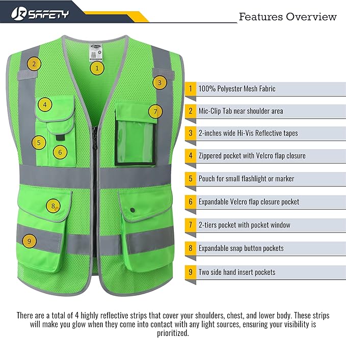 JKSafety 9 Pockets High Visibility Safety Vest for Men and Women, Hi-Vis Reflective Green Safety Vests with Zipper Front, Meet ANSI/ISEA Standards(159-Green 3XL)