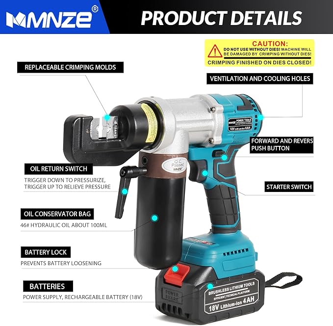 Electric Hydraulic Cable Lug Crimping Tool 12 AWG to 2/0 AWG Rechargeable Hydraulic Electrical Terminal Cable Lug Wire Crimping Crimper Tool Kits with 8 Dies