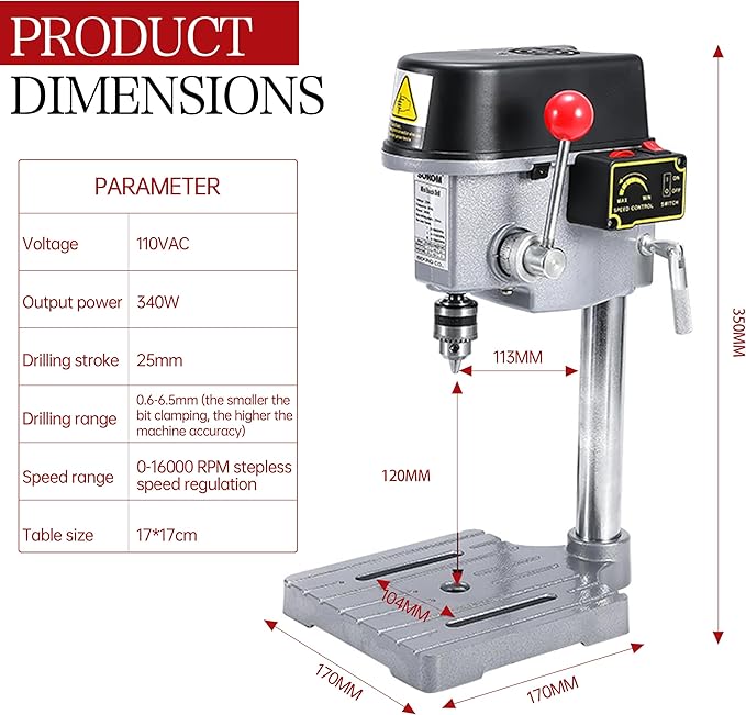 RATTMMOTOR Benchtop Drilling Machine 340W 110V 16000RPM Mini Bench Drill Press 25mm Stroke Drill Chuck 0.6-6.5mm Multi-Function Drilling Milling Machine