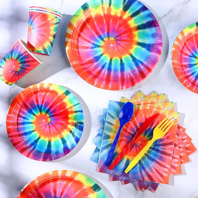 Yaomiao 171 Pcs Tie Dye Tablecloth Birthday Decorations Tie Dye Party Tableware - Image 6
