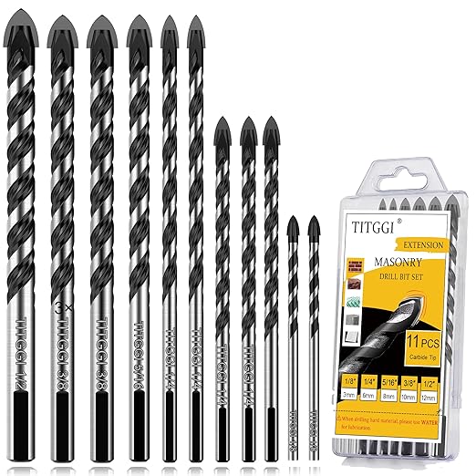 Masonry Drill Bit Set & Carbide Drill Bits, Extension Professional Drill Bit Set (11PCS) for Glass/Brick/Plastic/Cement/Wood/Tile/Etc, Industrial Strength Carbide Drill Bit Tip, 1/8"-1/2" by TITGGI