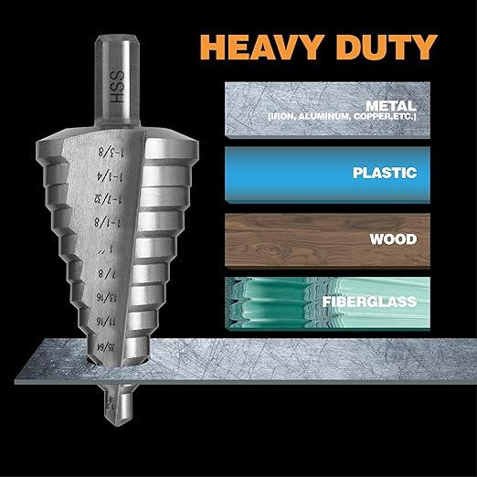 HSS 1/2", 7/8" & 1-3/8" Step Drill Bit Set, Doubles Flutes Large Step Bits for Hole Drilling in Iron, Copper, Aluminum, Wood, Plastic