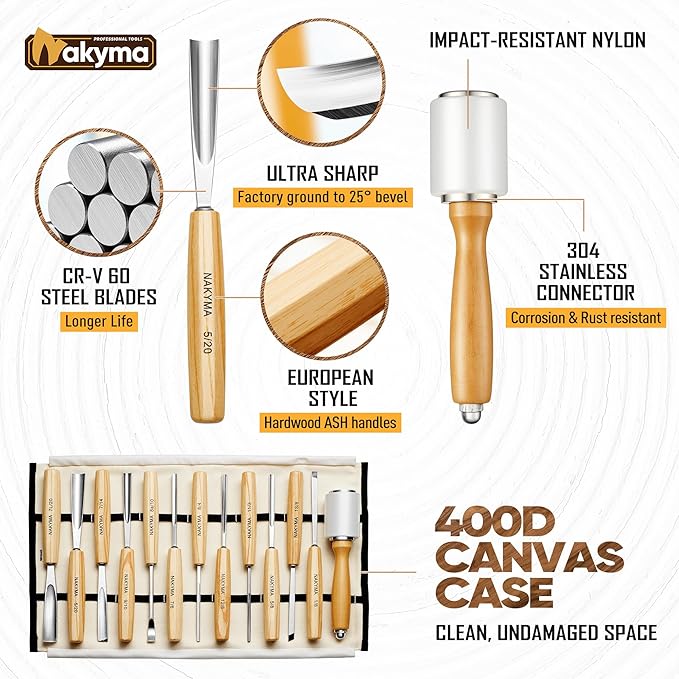 Wood Carving Kit, 12 PCS Wood Carving Set - Wood Carving Tools with Canvas Case,Sharp Cr-V 60 Steel Blades, Wood Chisel Sets for Beginners and Professionals