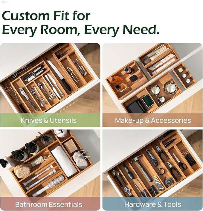 Carbonized Bamboo Kitchen Drawer Organizer, 8 Slots Silverware Organizer, Utensil Holder & Cutlery Tray, 2.2" Deep for Extra Capacity, Non-Slip Feet Included