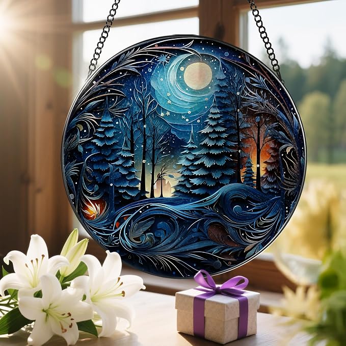 8-Inch Starry Night Forest Suncatcher Ornament, Stained Glass Window Hanging & - Image 6